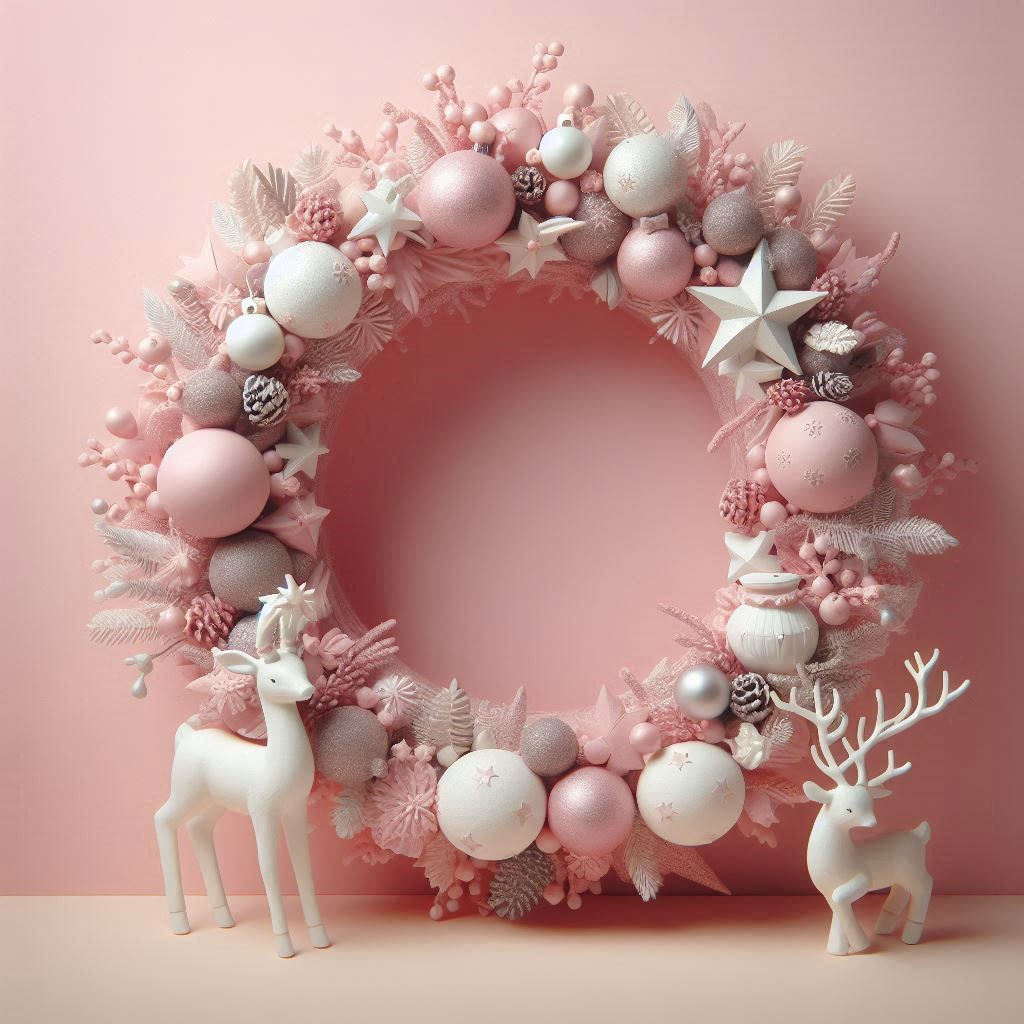 A pink christmas wreath with white reindeer A pink christmas wreath with white reindeer