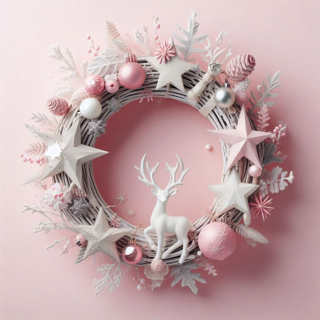A pink and white christmas wreath with a reindeer A pink and white christmas wreath with a reindeer