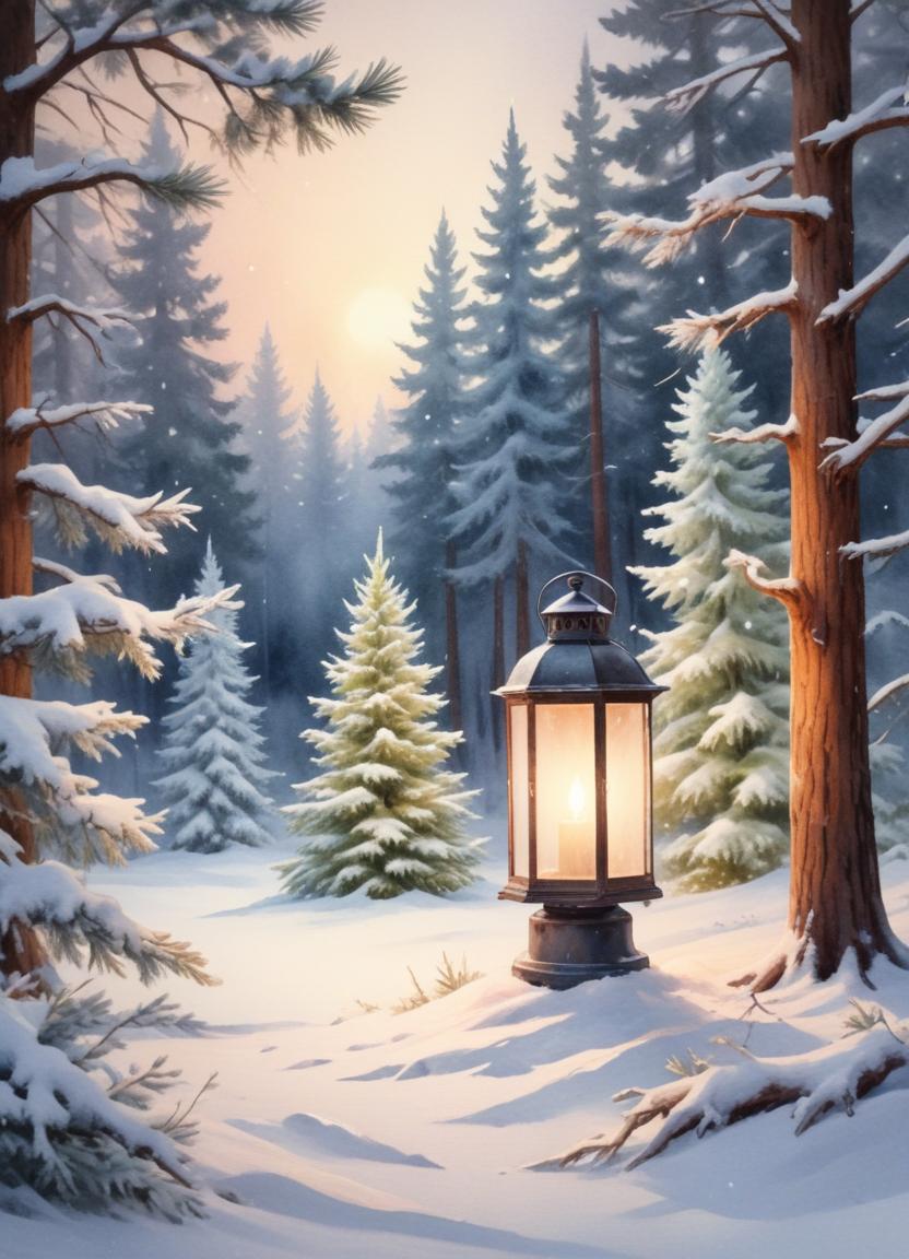 A lit lantern stands in a snowy forest at dusk A lit lantern stands in a snowy forest at dusk