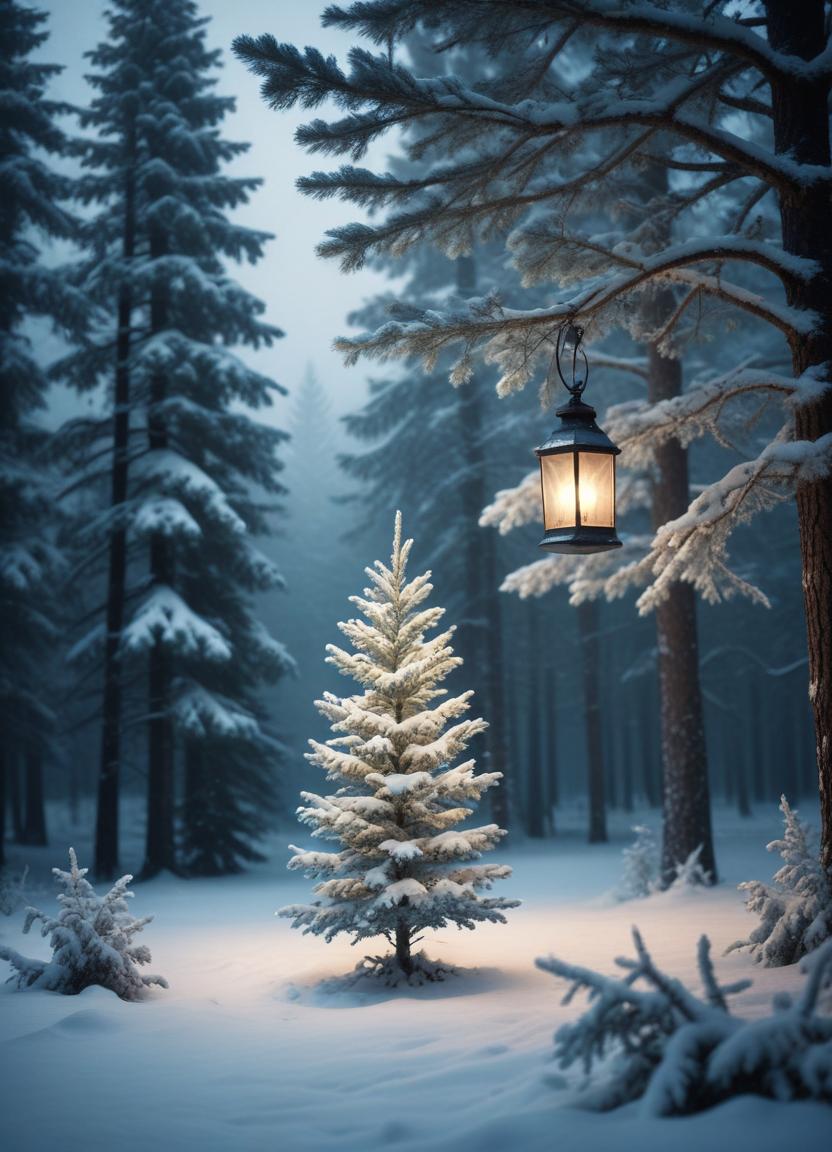 Lantern lights a snowy pine in a winter forest Lantern lights a snowy pine in a winter forest