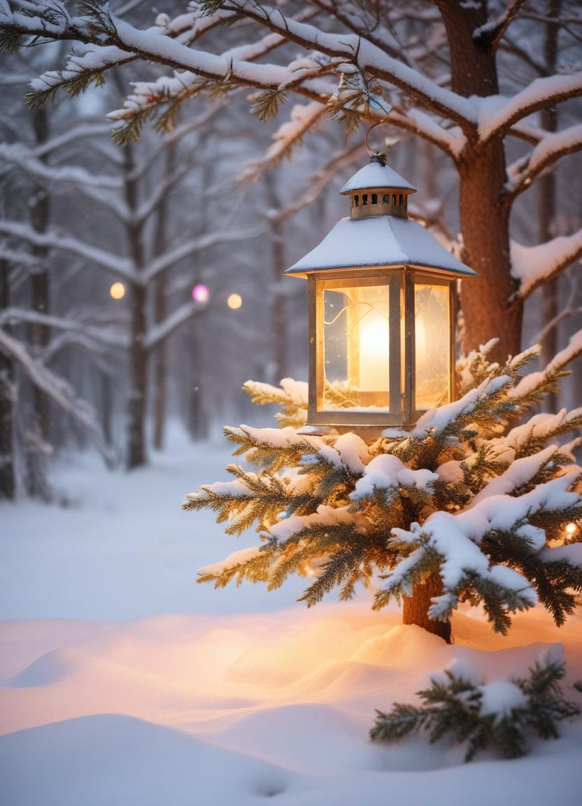 A lantern illuminates a snowy forest scene A lantern illuminates a snowy forest scene