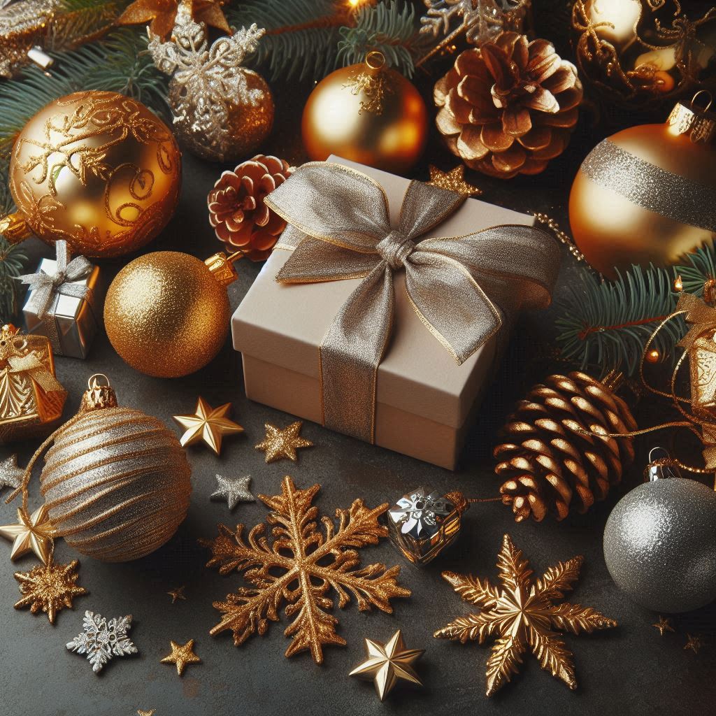 A gift box sits among festive ornaments and pine branches A gift box sits among festive ornaments and pine branches