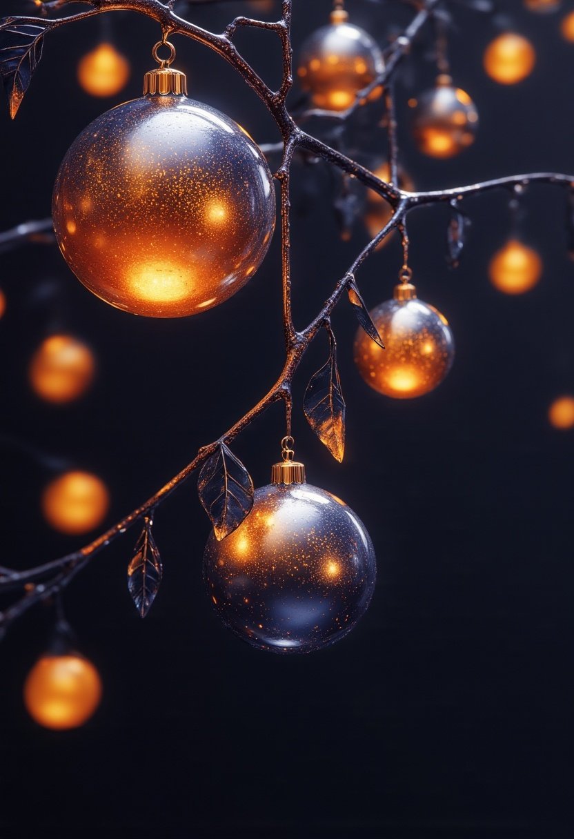 Shiny ornaments hang from a branch in the dark Shiny ornaments hang from a branch in the dark