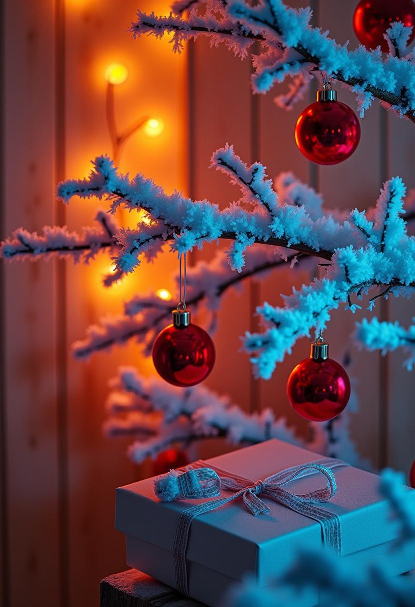 A snowy christmas tree with red ornaments and a wrapped gift A snowy christmas tree with red ornaments and a wrapped gift