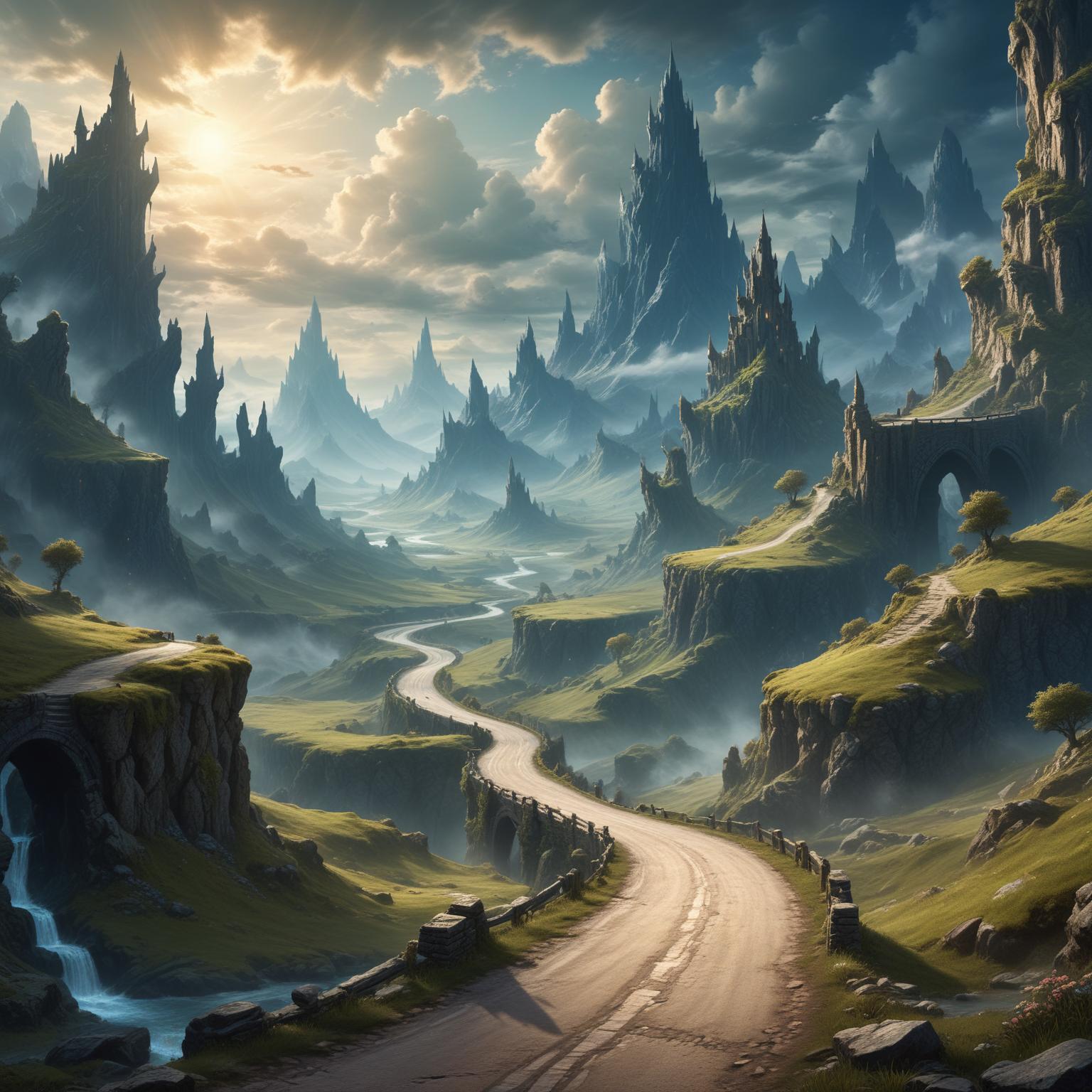 A winding road leads through a valley of towering cliffs A winding road leads through a valley of towering cliffs