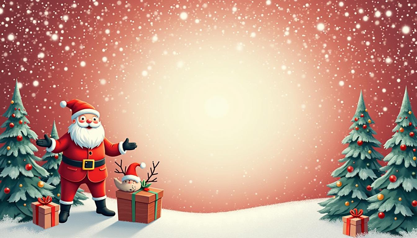 Santa in snow with decorated trees and gifts Santa in snow with decorated trees and gifts