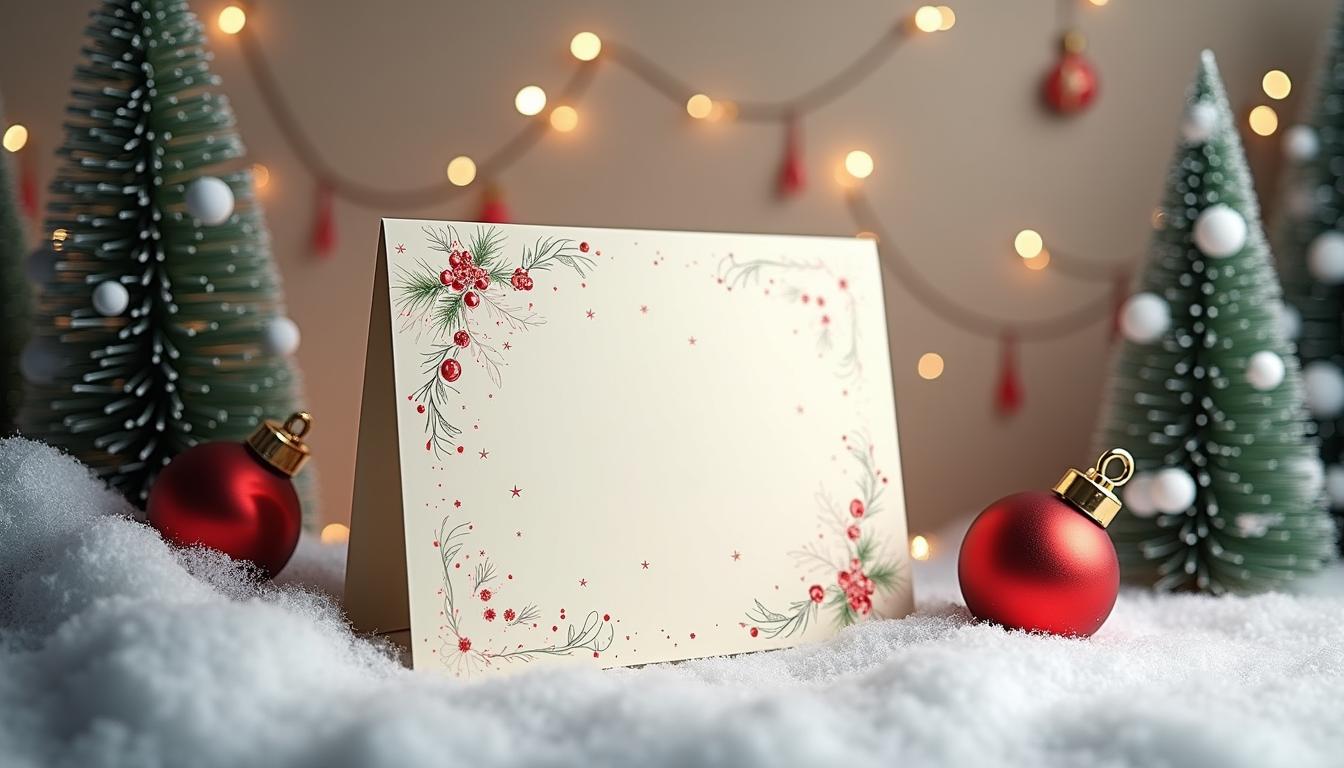 Blank christmas card in snow with ornaments and trees Blank christmas card in snow with ornaments and trees