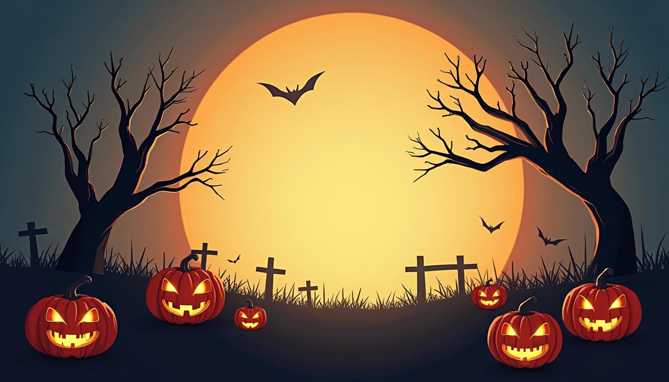 Jack-o'-lanterns glow under the full moon on halloween night Jack-o'-lanterns glow under the full moon on halloween night