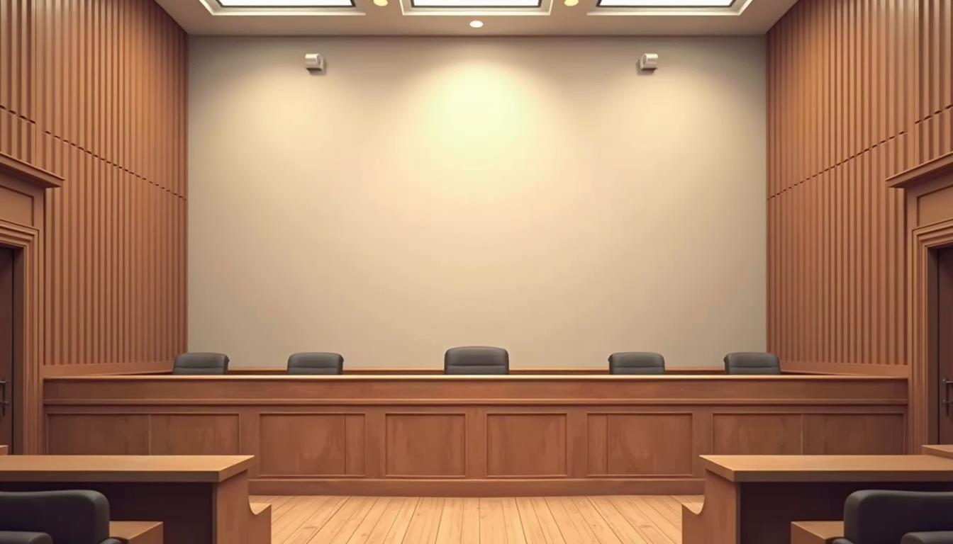 An empty courtroom awaits the start of a trial An empty courtroom awaits the start of a trial