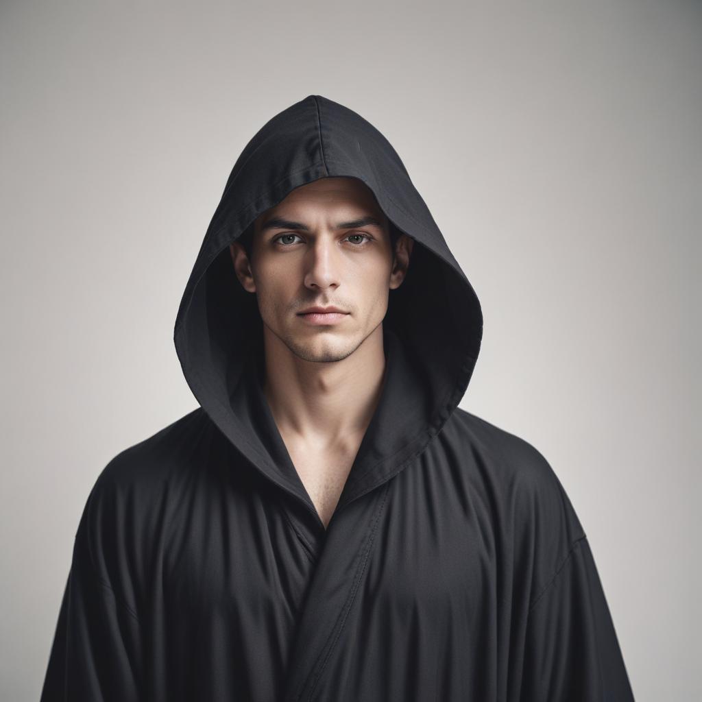A man in a black robe stares intently at the camera A man in a black robe stares intently at the camera