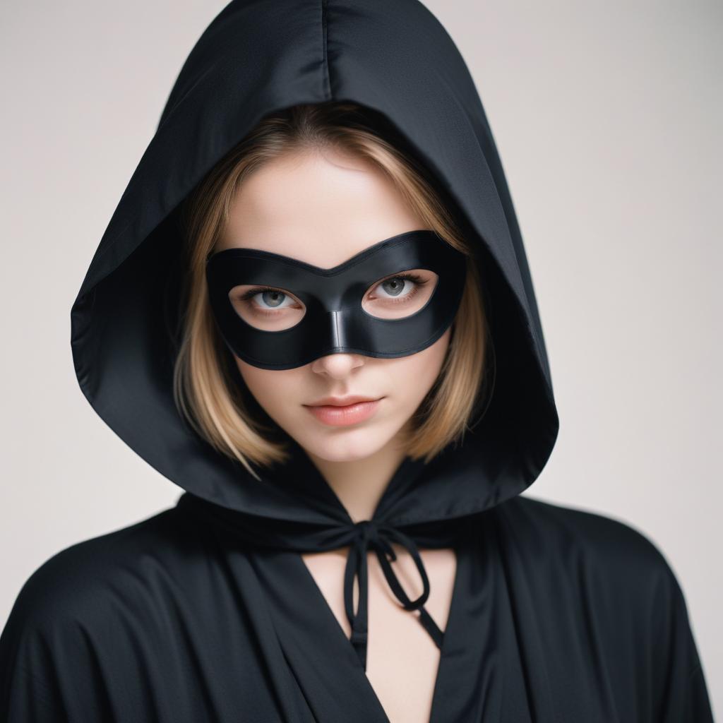 Woman in black mask and hood stares at camera Woman in black mask and hood stares at camera