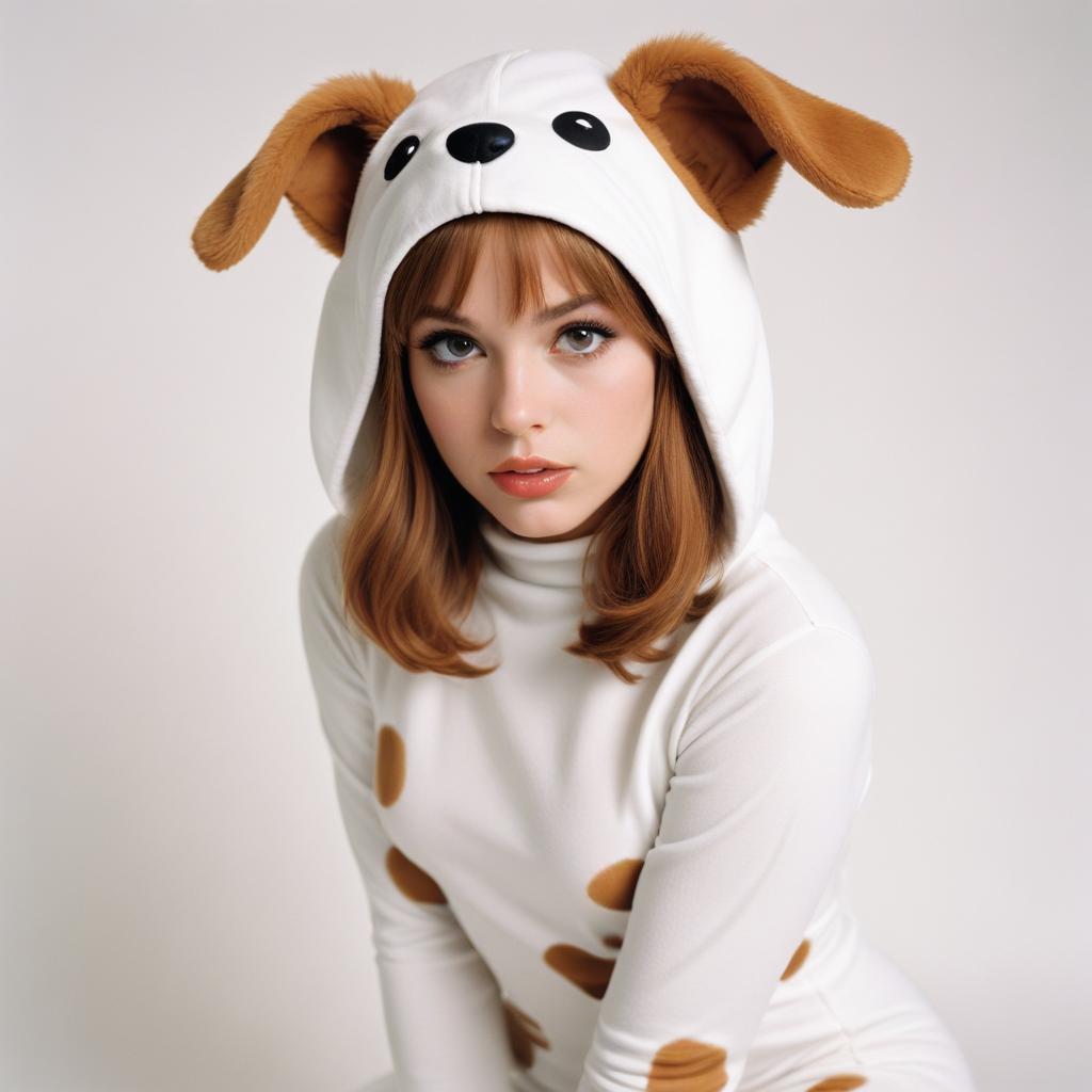 A woman wears a dog costume with a white background A woman wears a dog costume with a white background