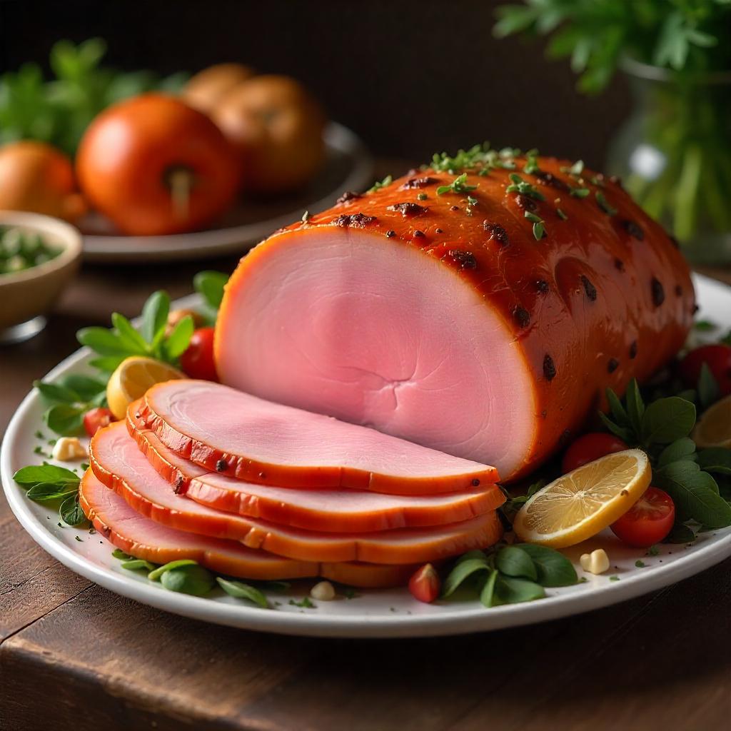 Sliced glazed ham with lemon and greens on white plate Sliced glazed ham with lemon and greens on white plate