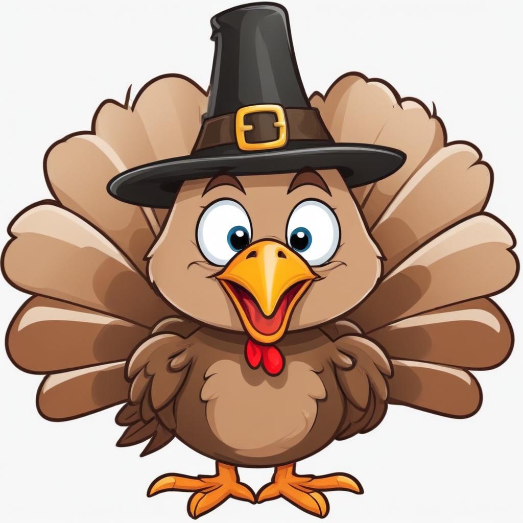A cartoon turkey wearing a pilgrim hat smiles A cartoon turkey wearing a pilgrim hat smiles