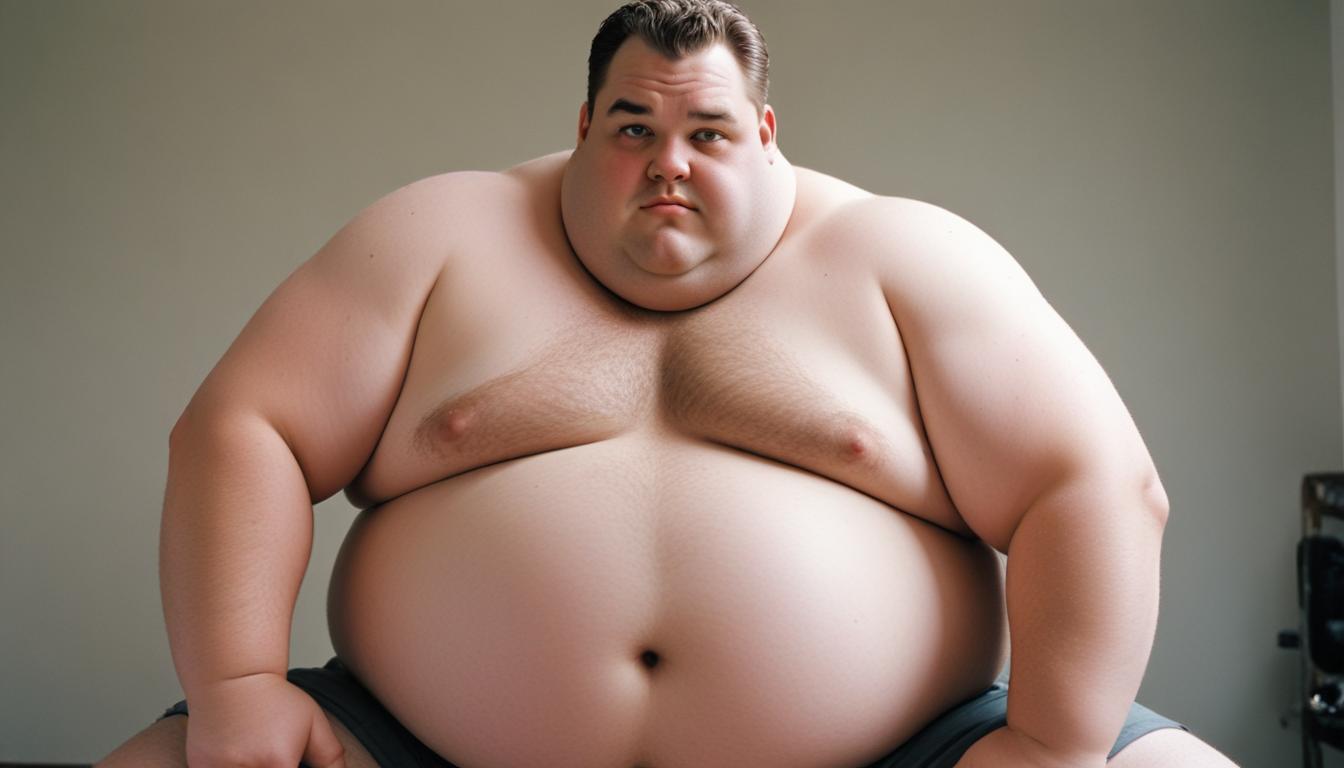 A man sits shirtless in an indoor setting A man sits shirtless in an indoor setting