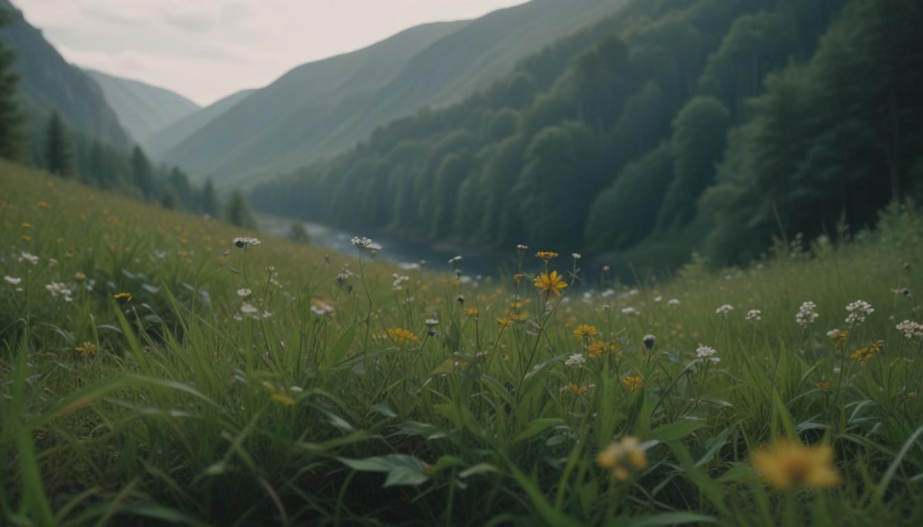 A lush green meadow with wildflowers in the valley A lush green meadow with wildflowers in the valley