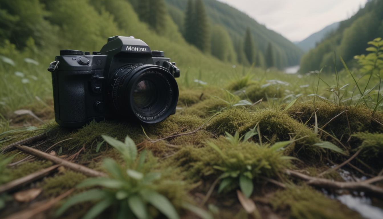 A camera in the grass awaits the forest's beauty A camera in the grass awaits the forest's beauty