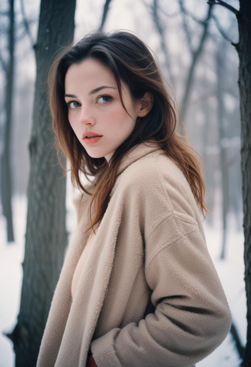 A woman stands in a snowy forest, looking towards the camera A woman stands in a snowy forest, looking towards the camera
