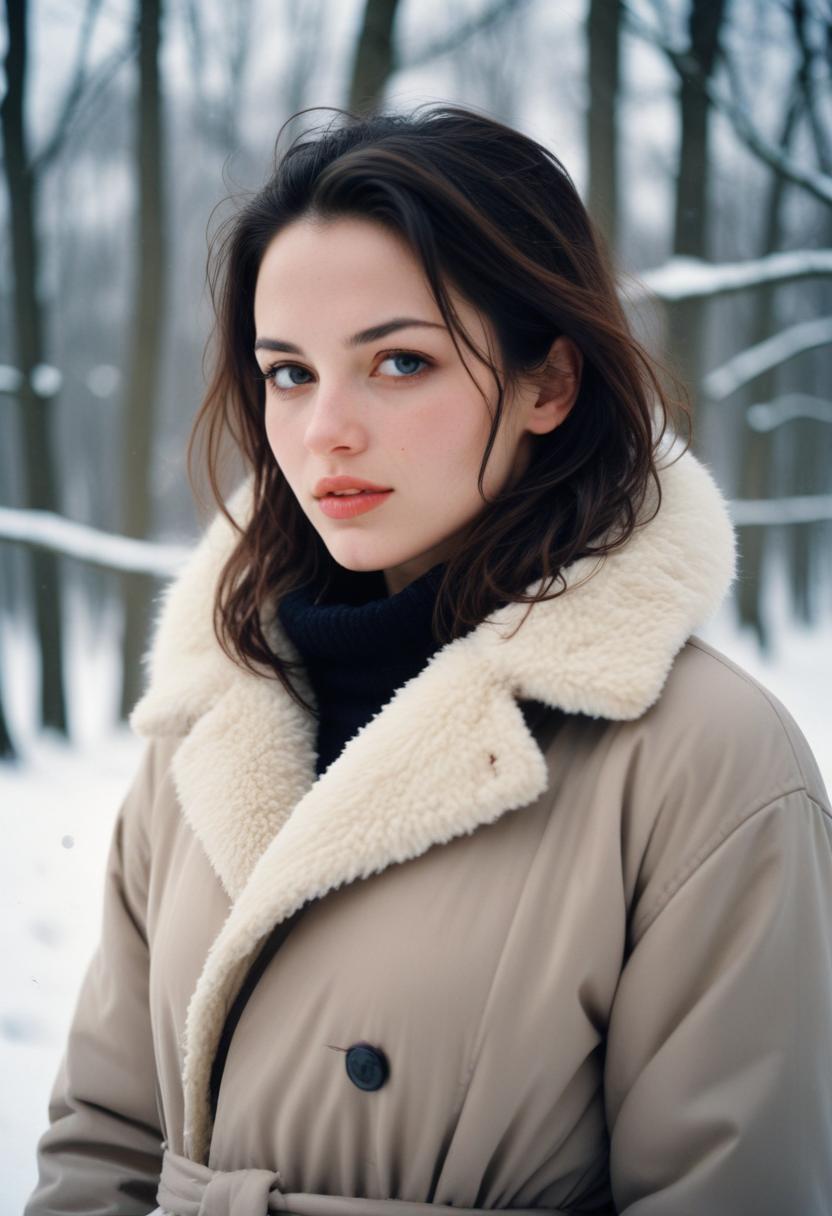 A woman in a warm coat stands in a snowy forest A woman in a warm coat stands in a snowy forest