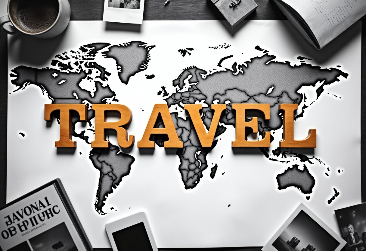 A world map with the word travel in wooden letters A world map with the word travel in wooden letters