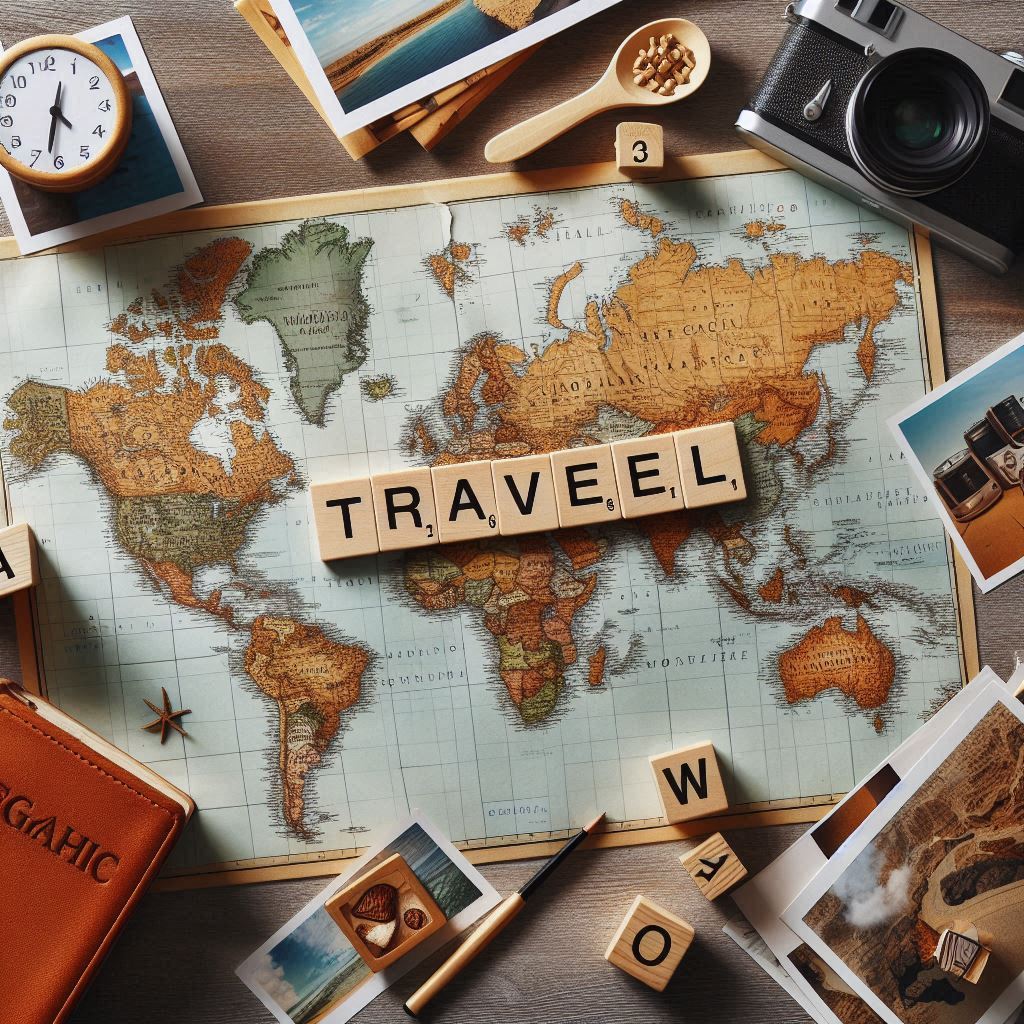 Wooden tiles spelling travel on a world map Wooden tiles spelling travel on a world map