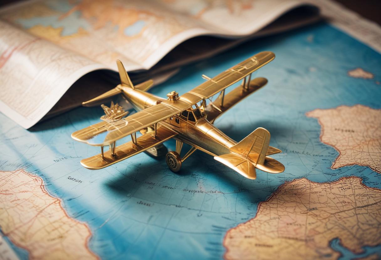 A golden airplane model sits on a map, ready for travel A golden airplane model sits on a map, ready for travel