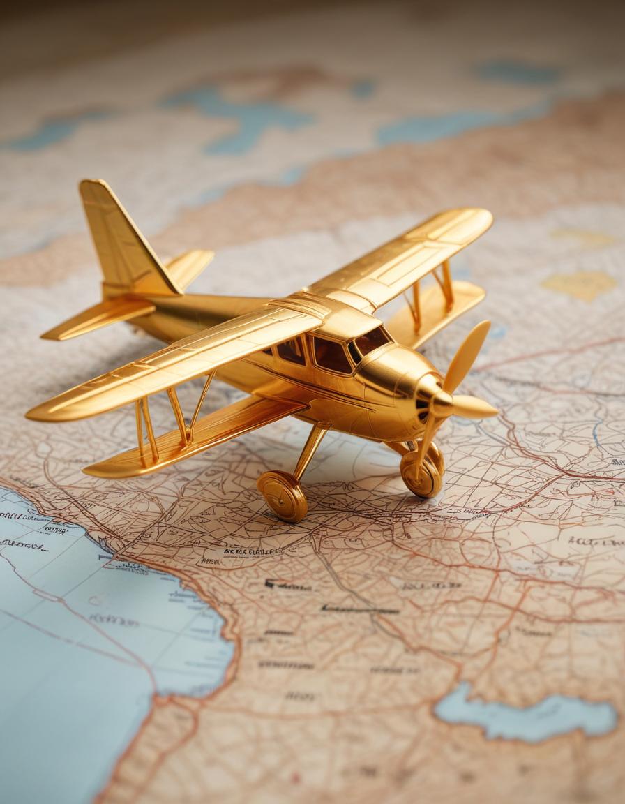 A gold airplane sits on a map A gold airplane sits on a map