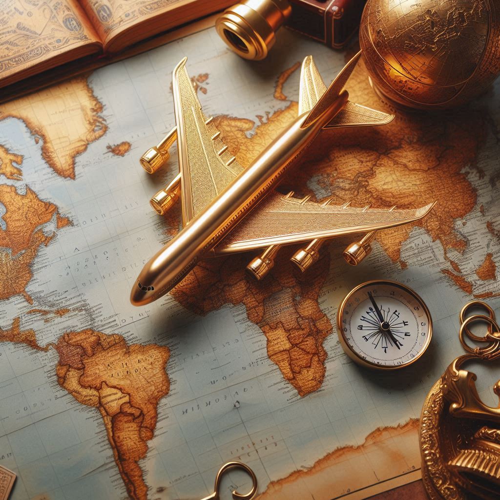 A golden airplane sits on a world map A golden airplane sits on a world map