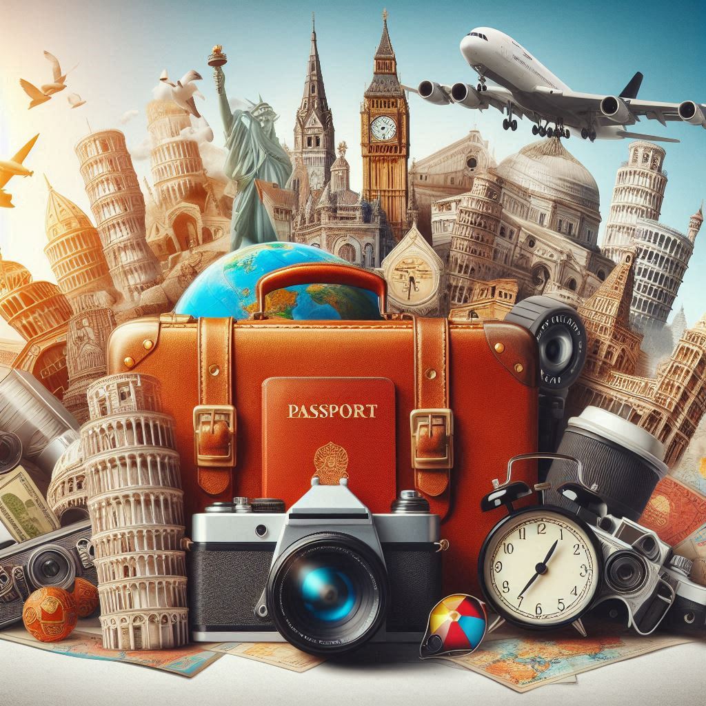 A brown suitcase with a passport sits among iconic landmarks A brown suitcase with a passport sits among iconic landmarks