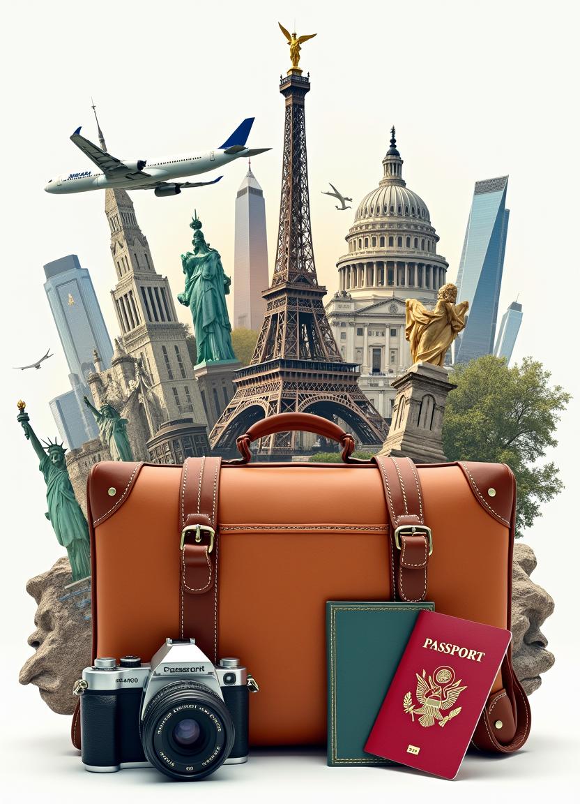 Suitcase awaits travel by famous landmarks Suitcase awaits travel by famous landmarks