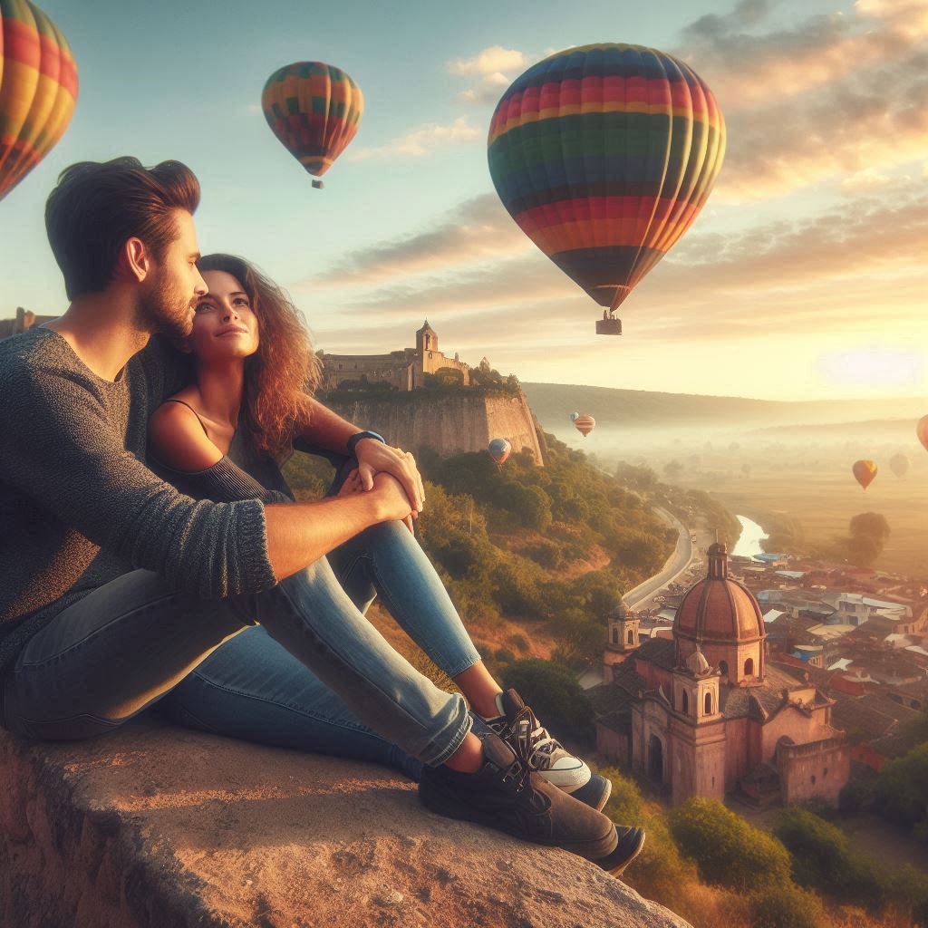 A man and a woman are sitting on a rock overlooking a valley