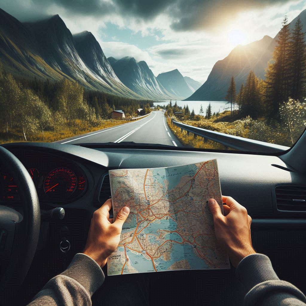 Driver views map on a winding mountain road Driver views map on a winding mountain road