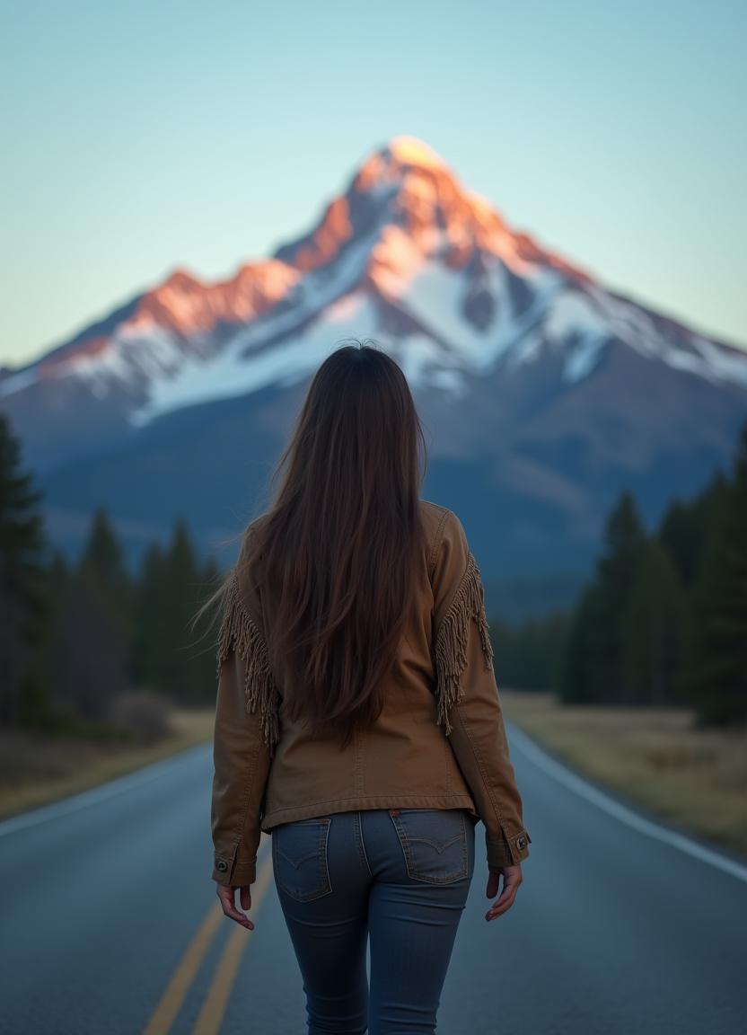 A woman walks towards a snowy mountain peak A woman walks towards a snowy mountain peak