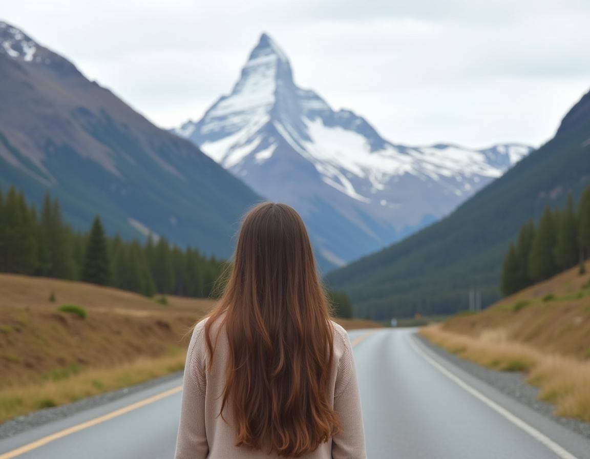 Woman walks on a road with mountains behind Woman walks on a road with mountains behind