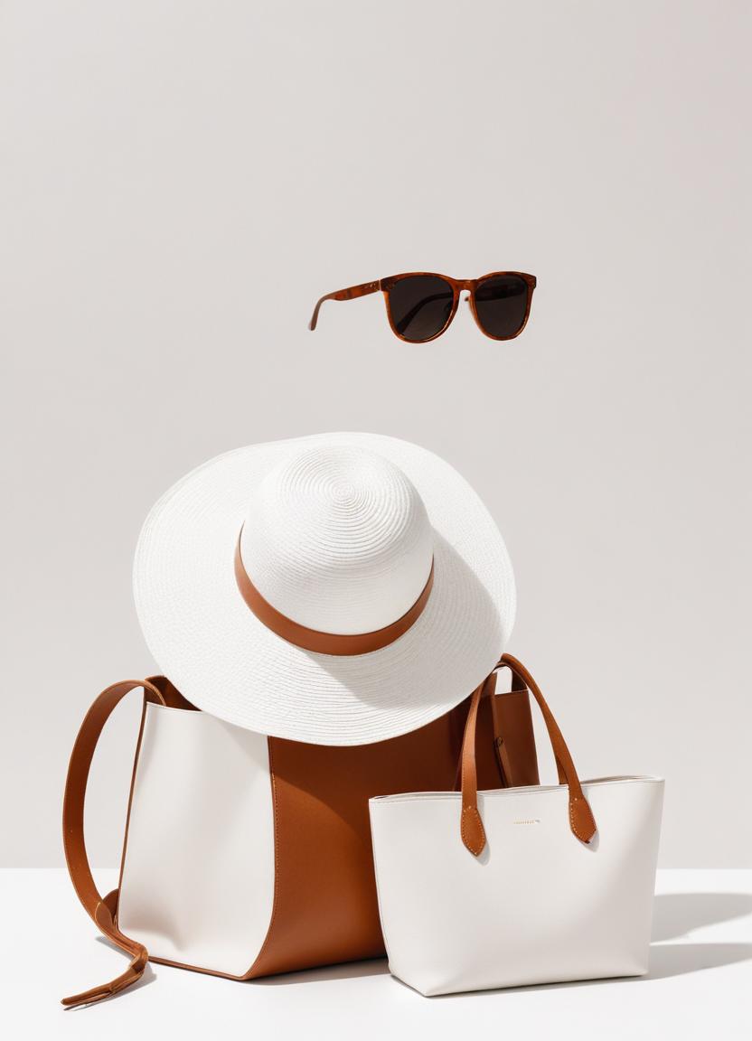 A white hat, two bags, and sunglasses for summer A white hat, two bags, and sunglasses for summer