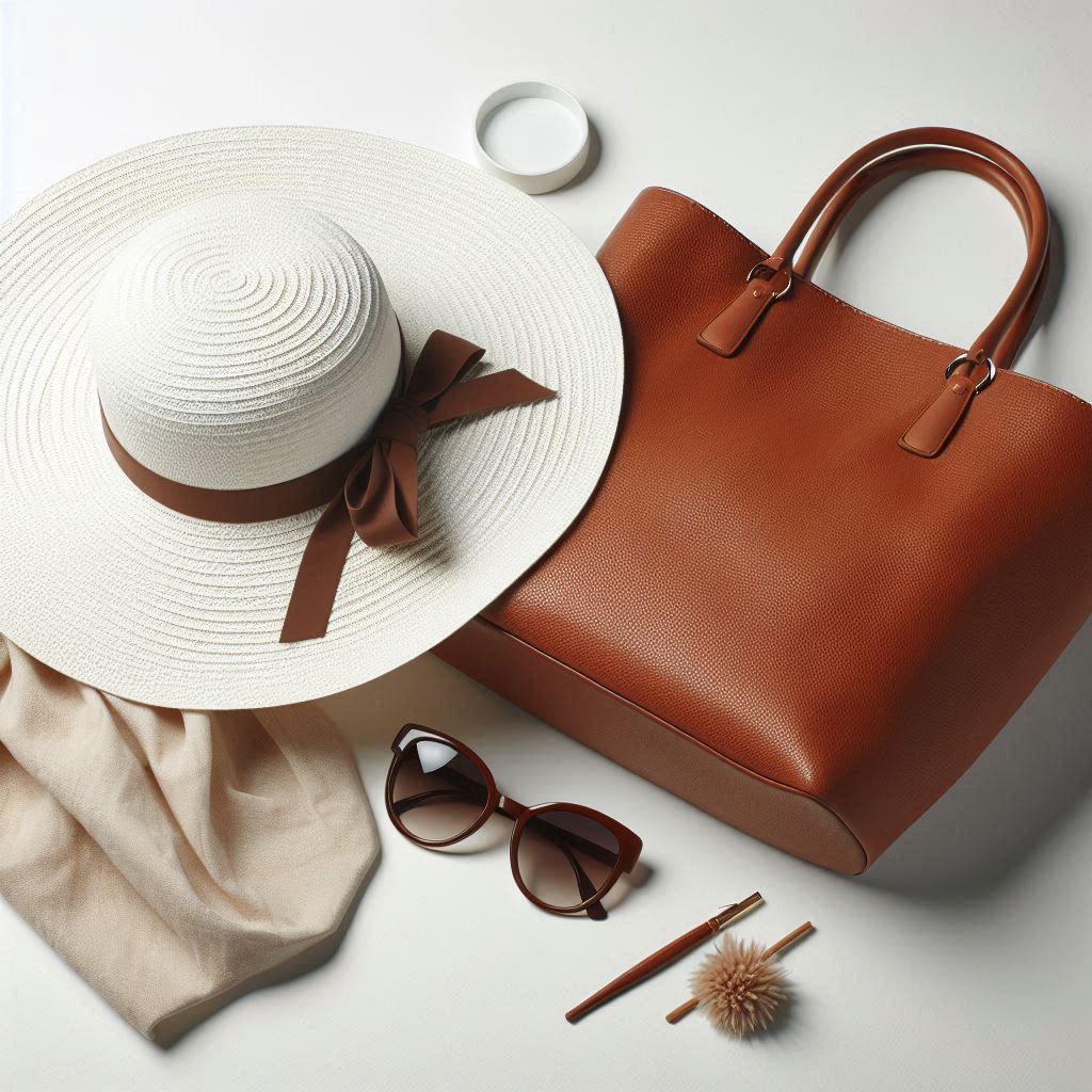 White sun hat with brown ribbon by a tote bag White sun hat with brown ribbon by a tote bag