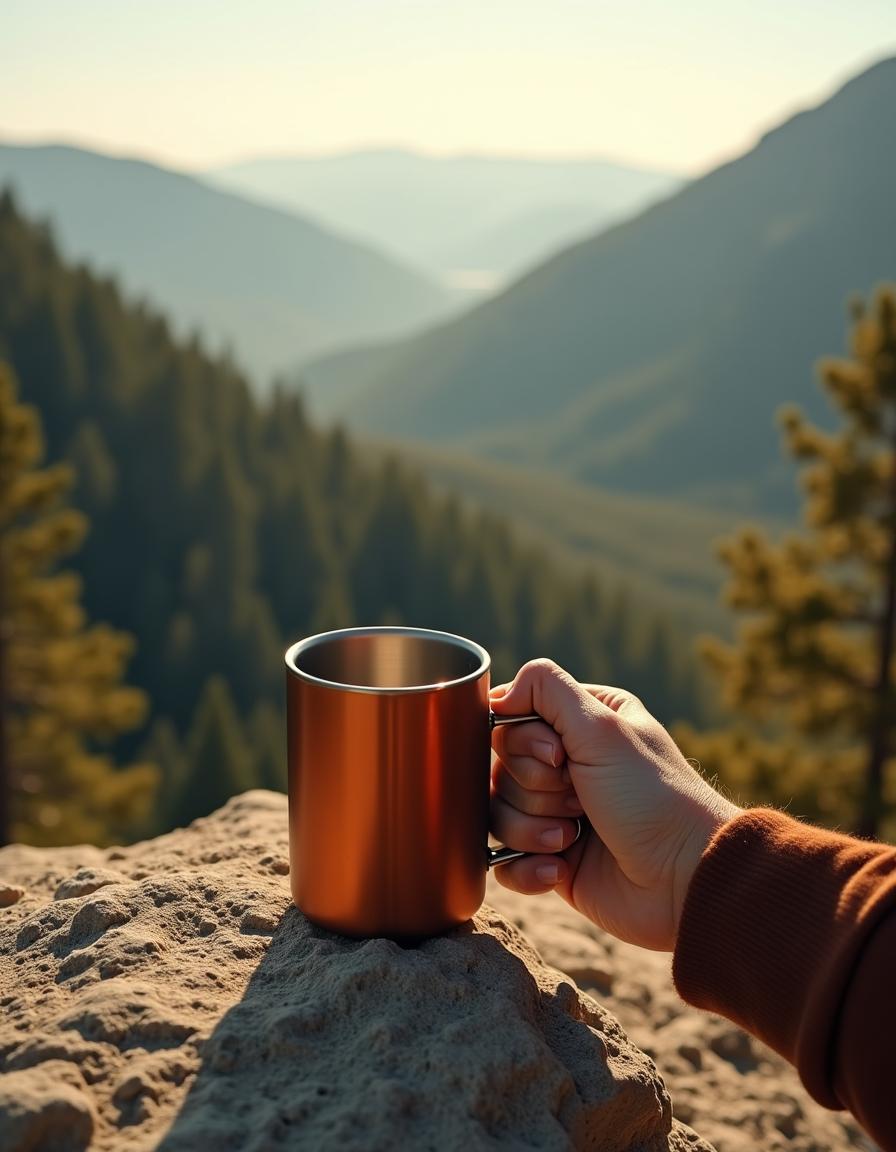 A copper mug sits on a rock overlooking a mountain valley A copper mug sits on a rock overlooking a mountain valley