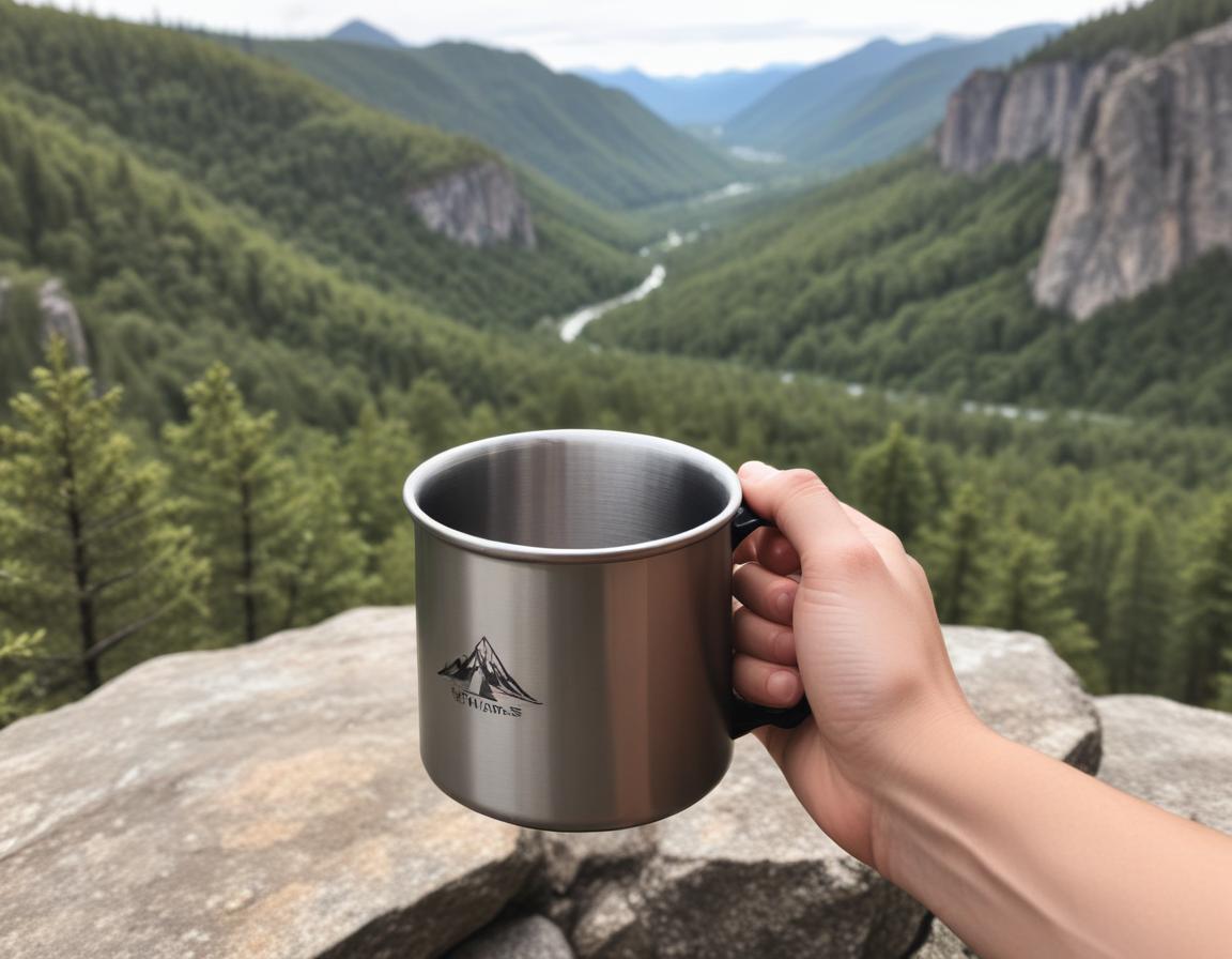 A metal mug held against a mountain backdrop A metal mug held against a mountain backdrop