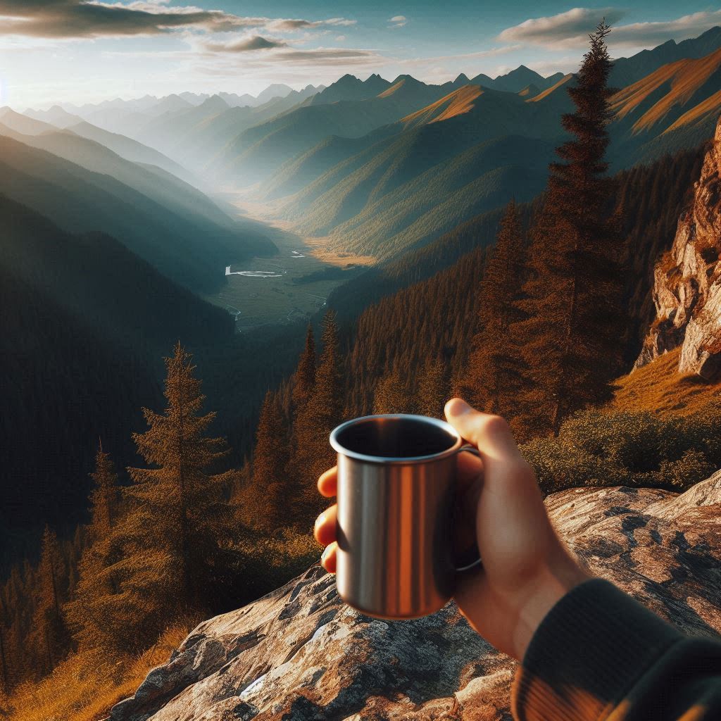 A hand with a metal cup overlooks the mountain valley A hand with a metal cup overlooks the mountain valley