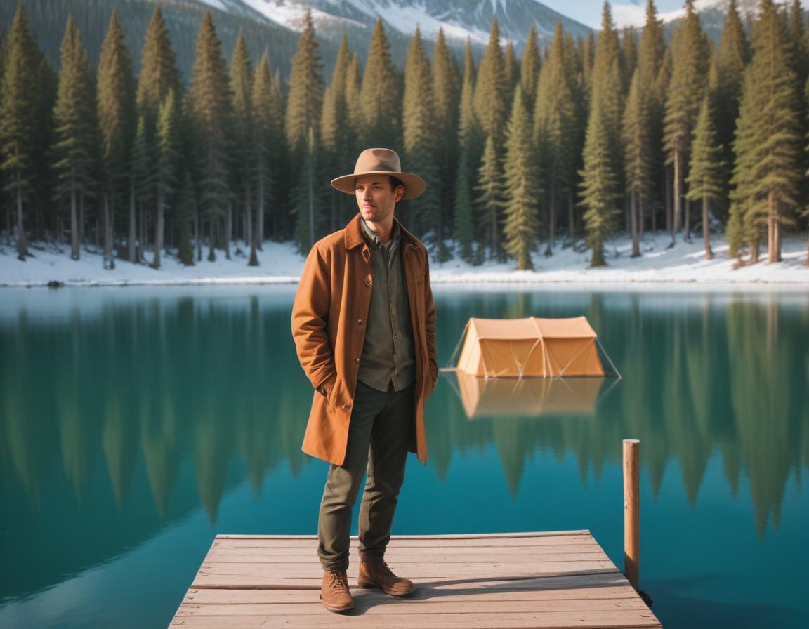 A man stands on a dock overlooking a lake in the mountains A man stands on a dock overlooking a lake in the mountains