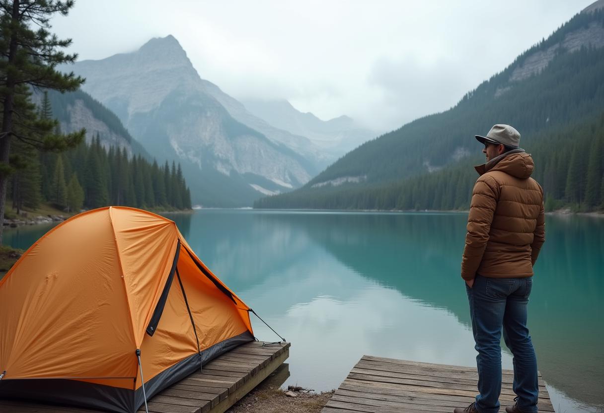 Man on dock by a peaceful mountain lake Man on dock by a peaceful mountain lake