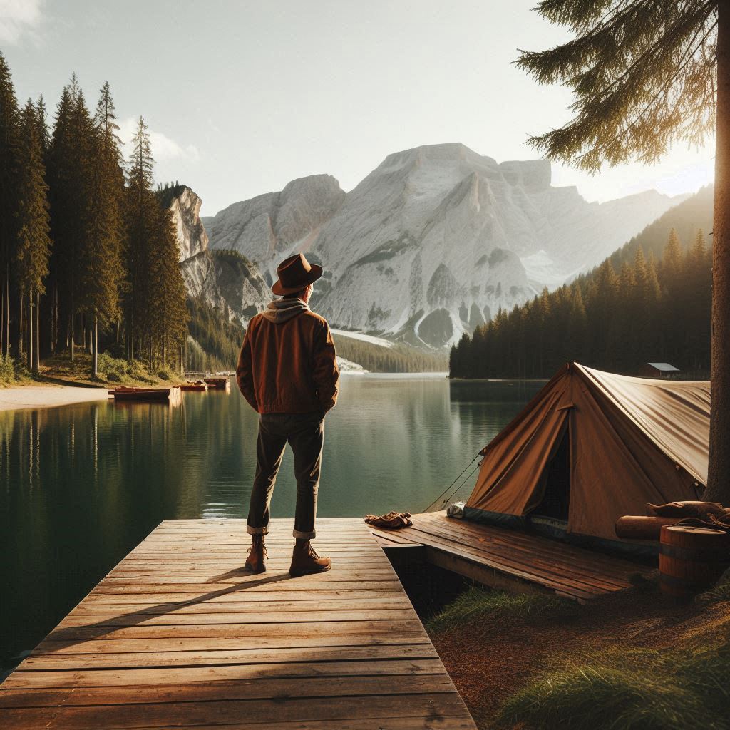 Man on dock gazes at a peaceful mountain lake Man on dock gazes at a peaceful mountain lake