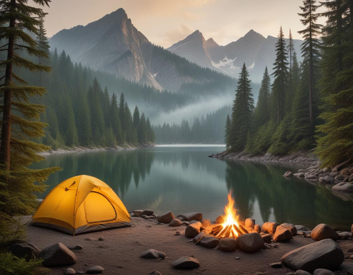 A tent and campfire by a mountain lake at sunset A tent and campfire by a mountain lake at sunset