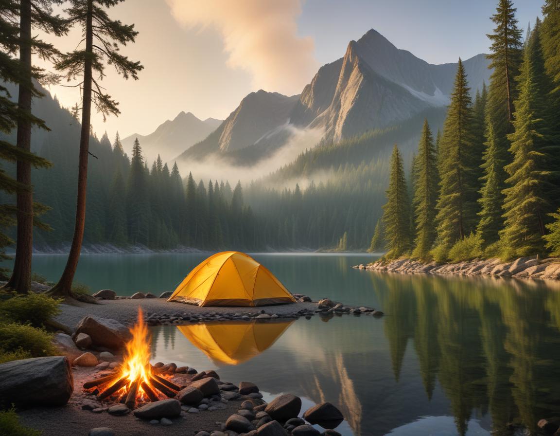 A yellow tent sits by a lake in the mountains A yellow tent sits by a lake in the mountains