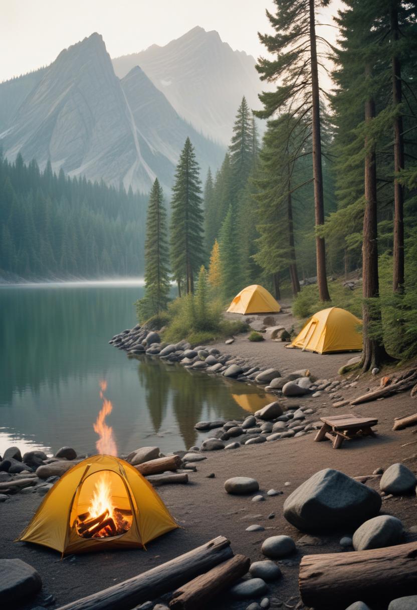 A campfire burns bright under a yellow tent by the lake A campfire burns bright under a yellow tent by the lake