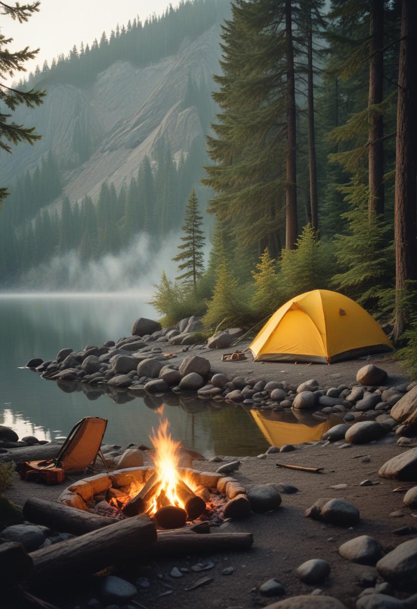 A campfire burns brightly on a foggy morning by the lake A campfire burns brightly on a foggy morning by the lake