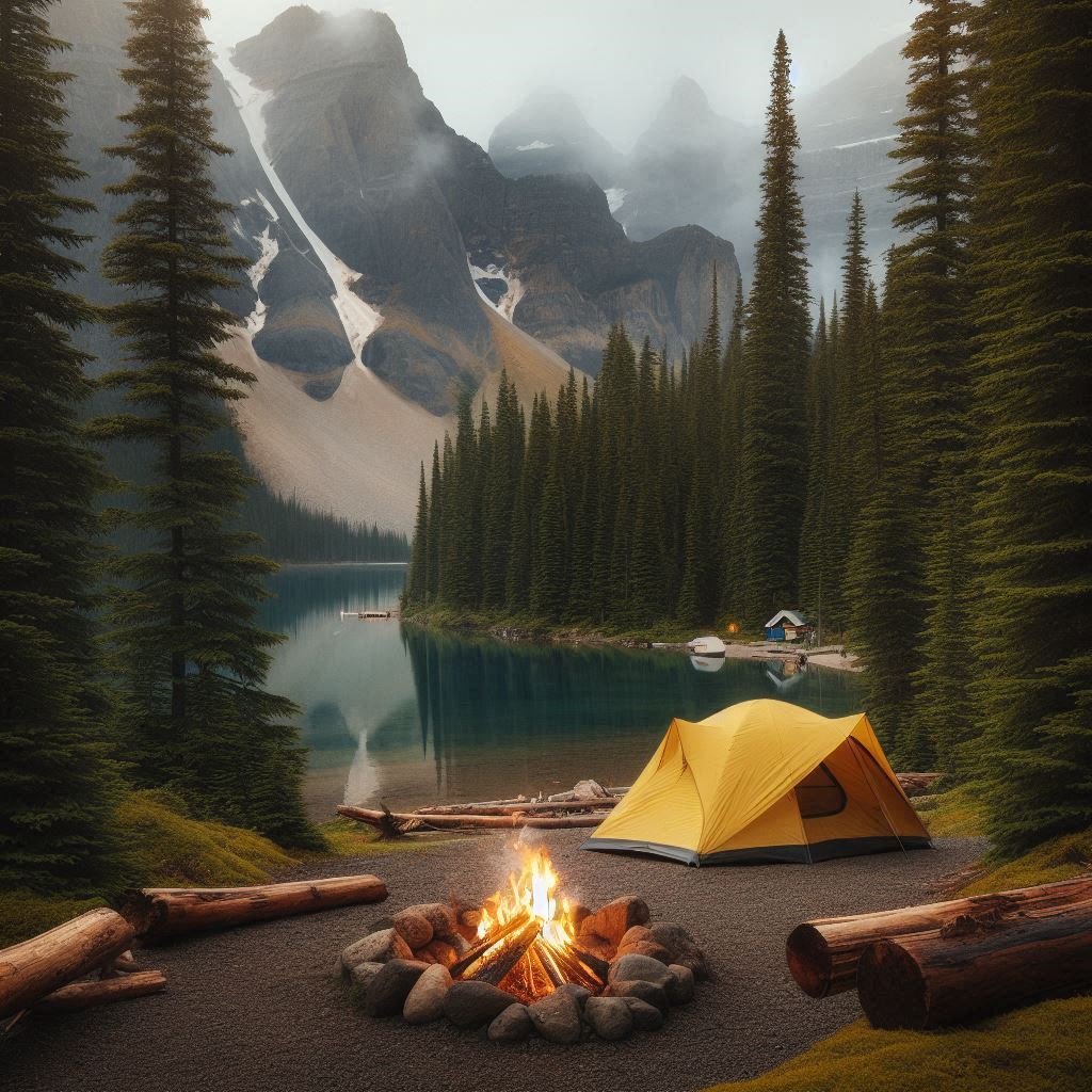 Tent by campfire near lake, amidst trees and mountains Tent by campfire near lake, amidst trees and mountains