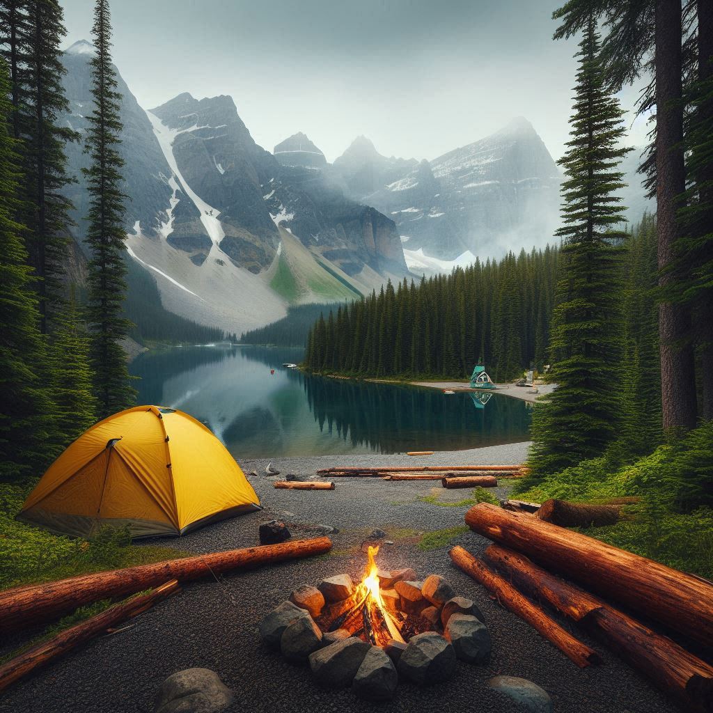 Campfire glows by yellow tent at mountain lake Campfire glows by yellow tent at mountain lake