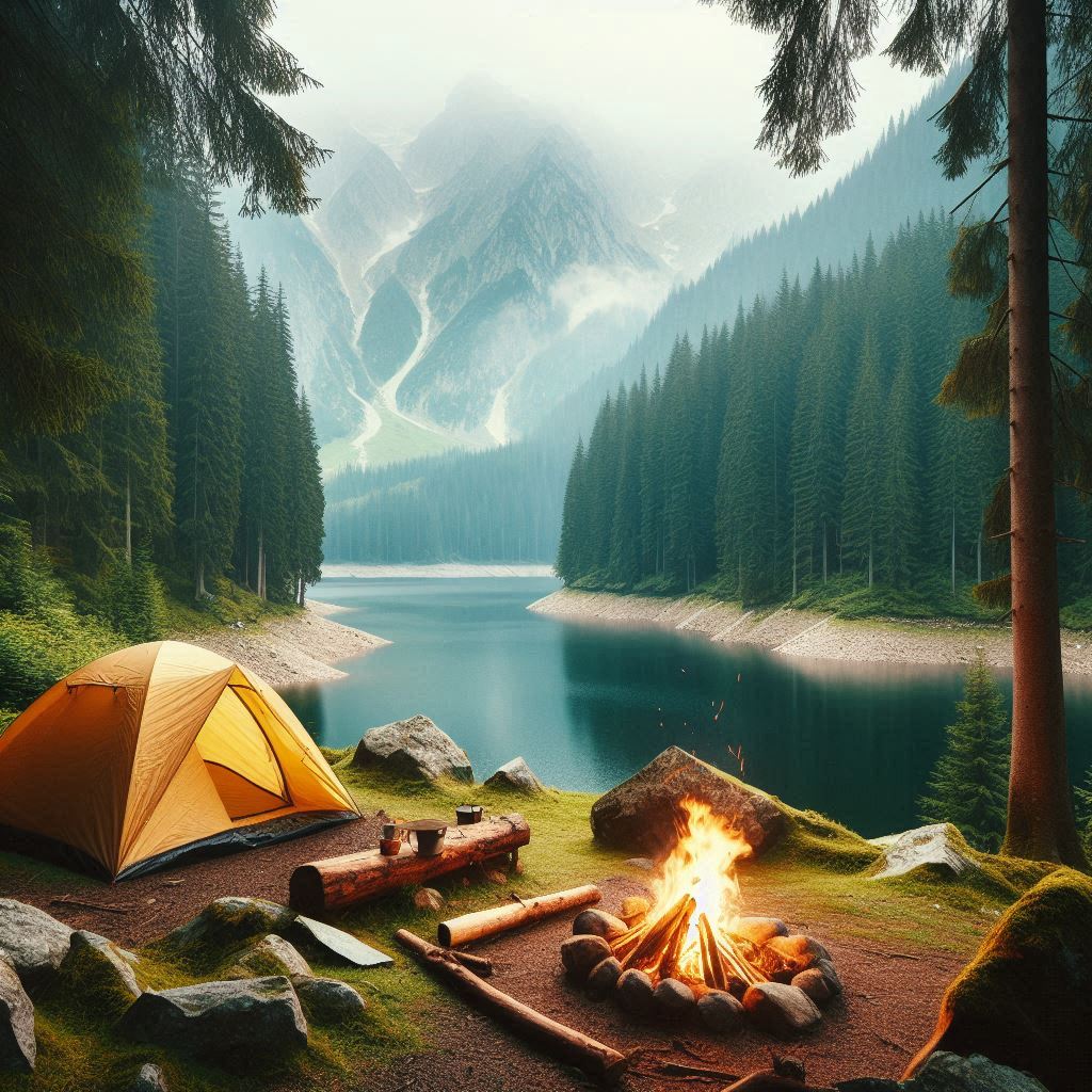 A campsite by a lake in the mountains A campsite by a lake in the mountains