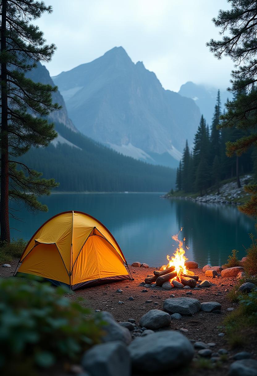 A tent sits by a campfire near a lake and mountains A tent sits by a campfire near a lake and mountains